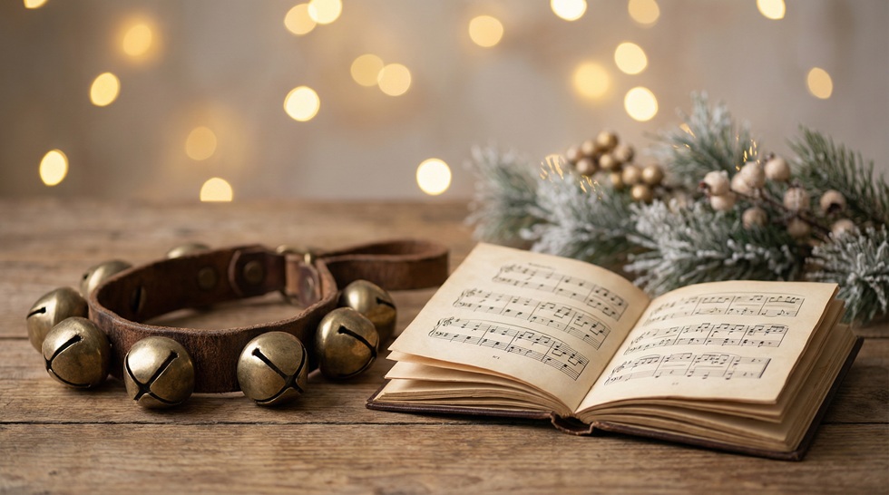 Bells and a song book in a christmas mood setting