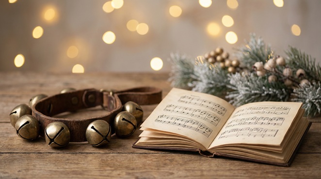 Bells and a song book in a christmas mood setting